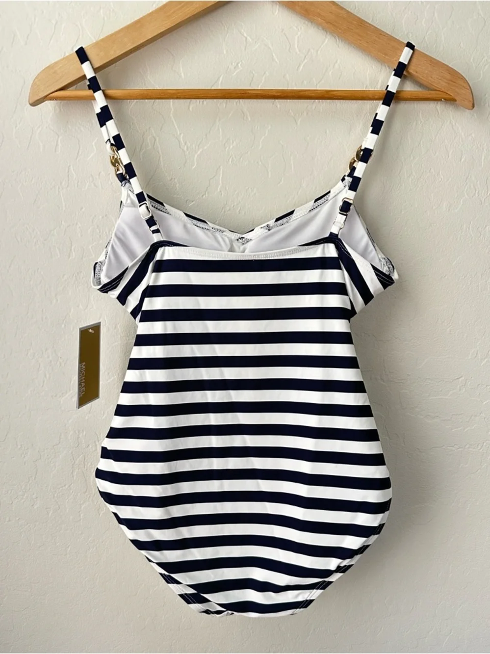 NWT Michael Kors Ruched Chain-Link One-Piece Swim - Navy/White Stripe Size 10